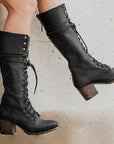 Black Knee High Boots for Women – Stylish Chunky Heel Lace-Up Long Boots in High-Quality PU Leather 0