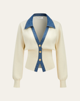 Demi | Denim Collar Metal Button V-Neck Knit Top 0