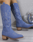 Denim Cowboy Boots for Women with Block Heel and Western Embroidery – Stylish Casual Footwear 2