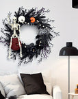 Gothic Skeleton Pumpkin Halloween Wreath for Door – Spooky Decor with Faux Pumpkins and Eerie Accents 1