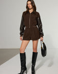 Lyra | Faux Leather Panel Corduroy Zip-Up Jacket 2