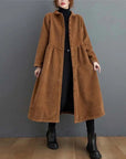 Oversized Women's Corduroy Winter Coat with Button Down Design – Calf Length Ribbed Texture 1
