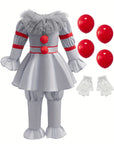 Scary Long Sleeve Halloween Clown Costume Set | Jumpsuit Gloves 0