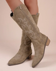 Suede Cowboy Boots with Side Zipper and Embroidery – Stylish Western Boots for Women 2