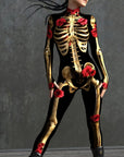 Women Skeleton Print Halloween Costume Jumpsuit | Long Sleeve Stretchy 0