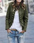 Women's Military Jacket with Button Front and Epaulettes – Structured Hip Length Coat 0