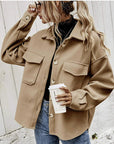 Women's Oversized Wool Blend Jacket with Button Front and Chest Flap Pockets - Stylish Winter Coat 0