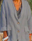 Women's Relaxed Fit Linen Jacket with V-Neck and 3/4 Sleeves – Casual Hip Length Outerwear 3