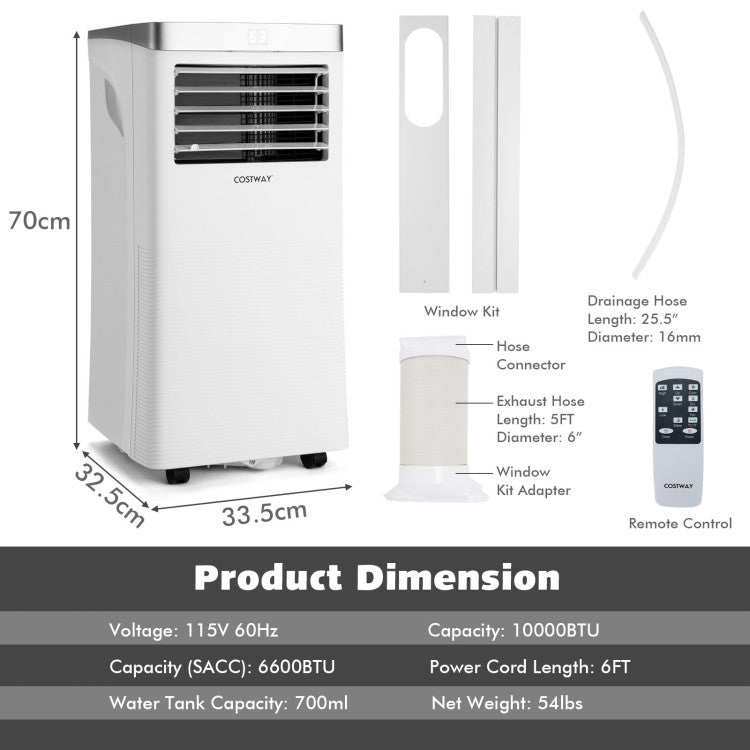 10000 BTU(Ashrae) 3-in-1 Portable Air Conditioner with Remote Control 2