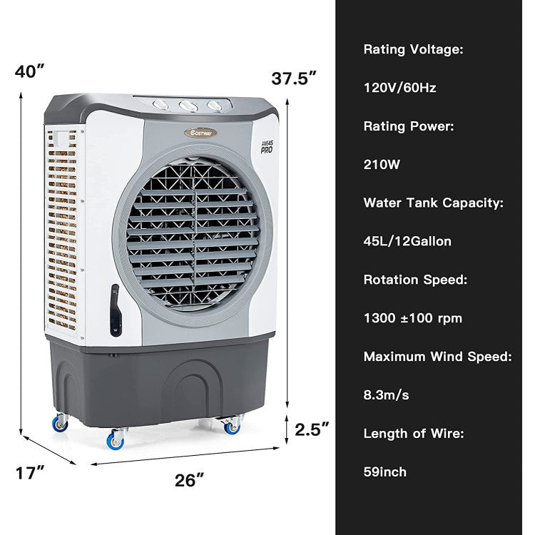4-in-1 Industrial Evaporative Air Cooler Fan with 12 Gallon Tank and Wheels 5