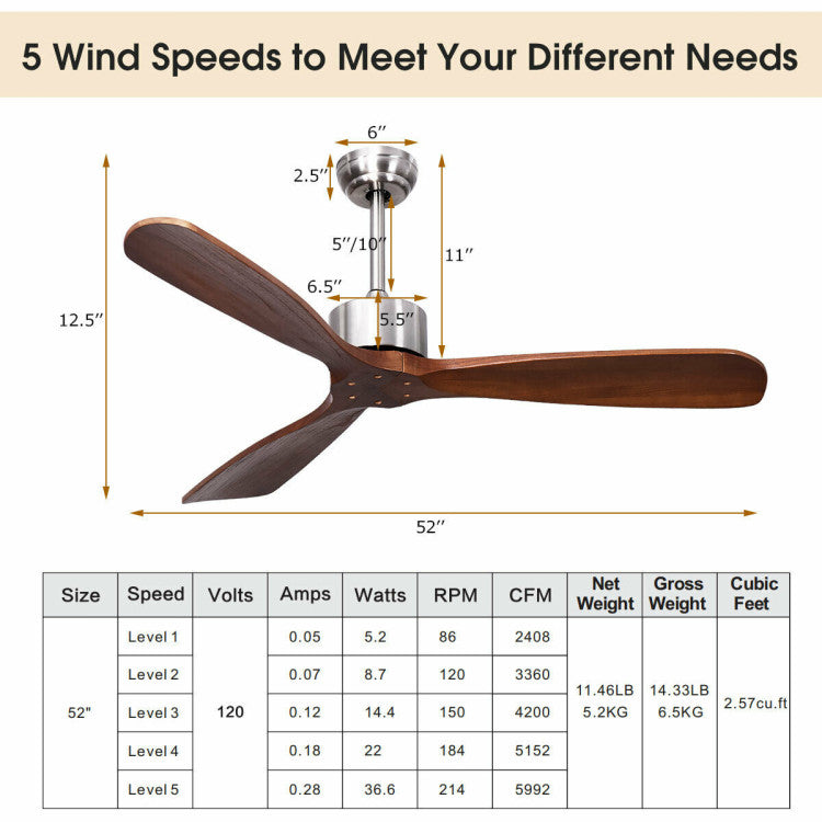 52 Inch Modern Brushed Nickel Finish Ceiling Fan with Remote Control 6