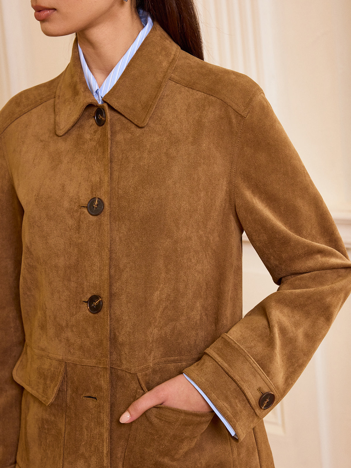 Akira | Collared Button-Front Suede Blazer 1