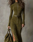 Alessia | Women's Long Suede Dress with Front Zip & Waist Belt – Elegant Fit for Any Occasion 1