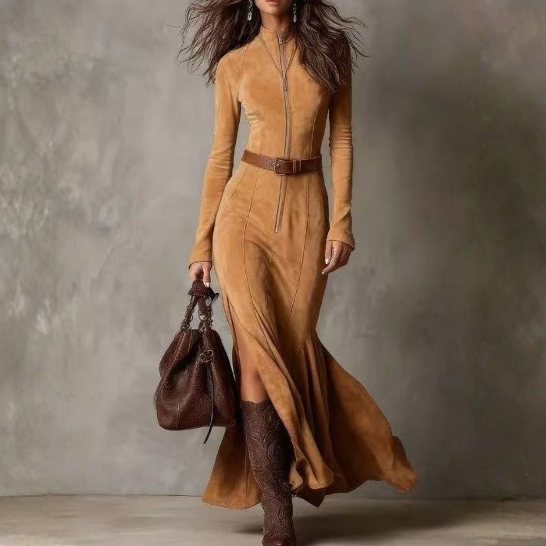 Alessia | Women's Long Suede Dress with Front Zip &amp; Waist Belt – Elegant Fit for Any Occasion 6