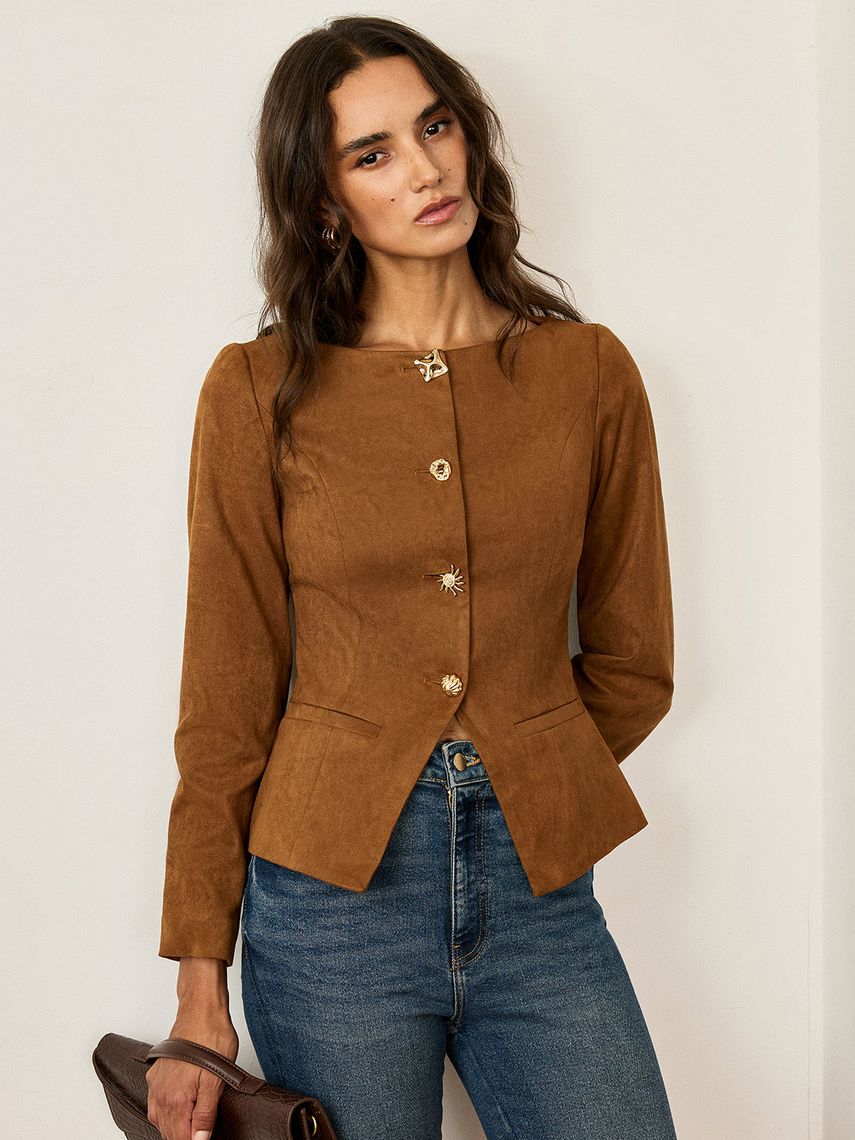 Amyra | Suede Fitted Metal Button Jacket 2