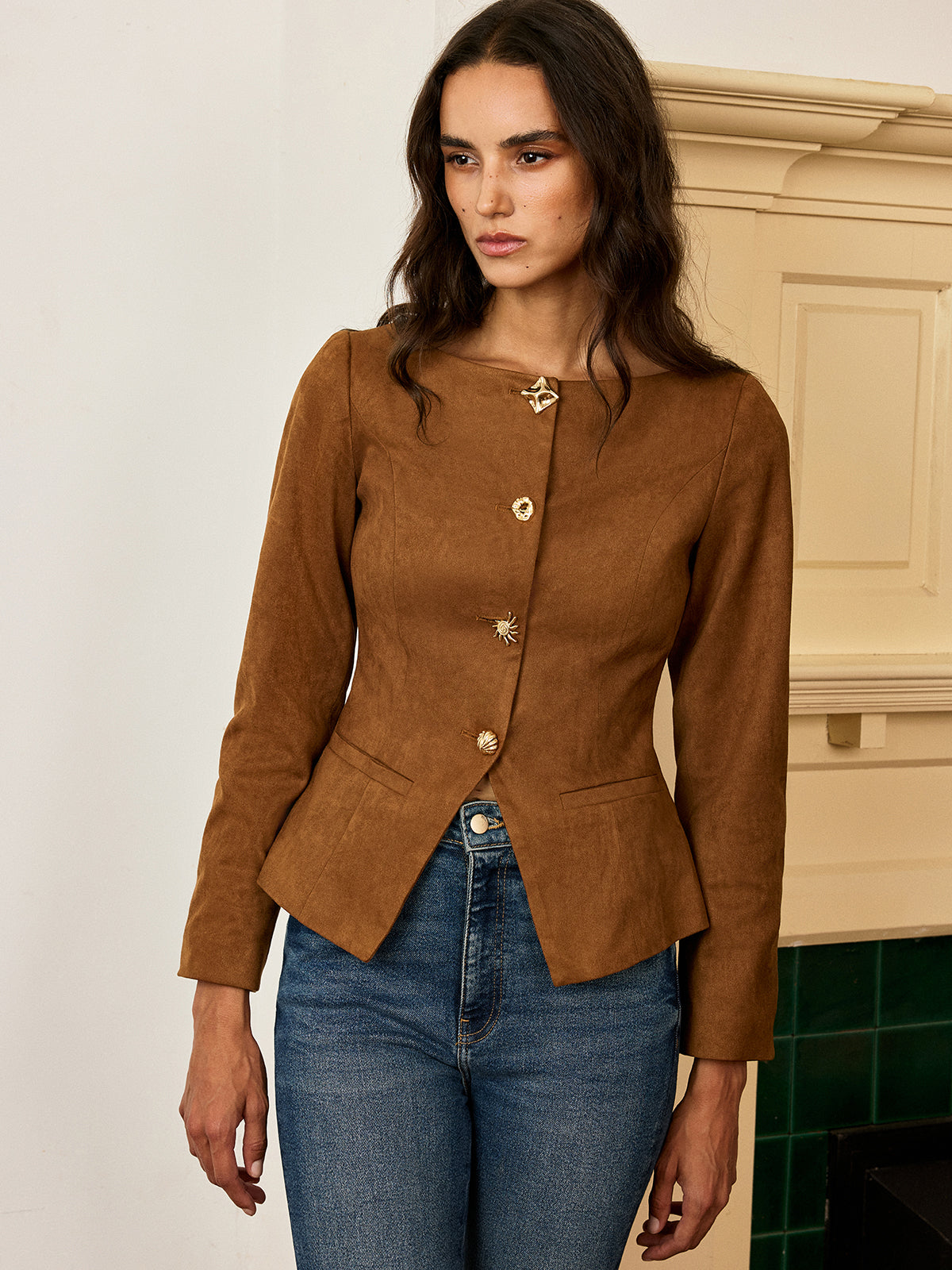Amyra | Suede Fitted Metal Button Jacket 3