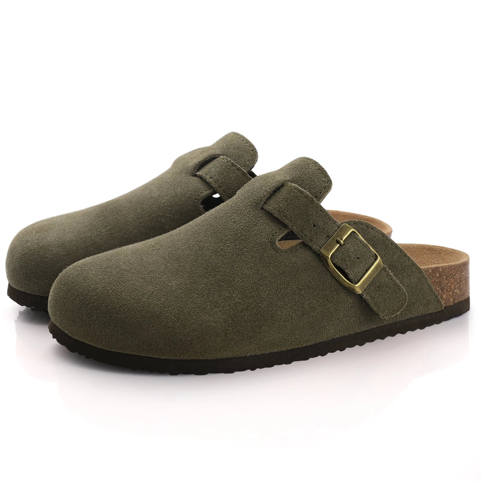 Army Green Women’s Suede Mules – Stylish Slip-On Shoes with Arch Support and Cork Insole 0