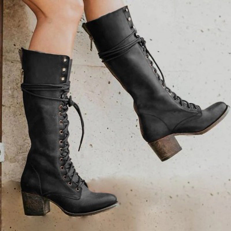 Black Knee High Boots for Women – Stylish Chunky Heel Lace-Up Long Boots in High-Quality PU Leather 0