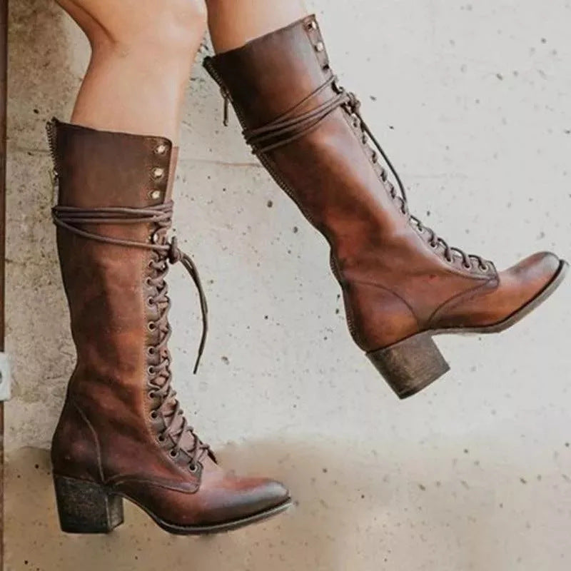 Black Knee High Boots for Women – Stylish Chunky Heel Lace-Up Long Boots in High-Quality PU Leather 1