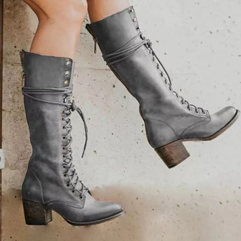 Black Knee High Boots for Women – Stylish Chunky Heel Lace-Up Long Boots in High-Quality PU Leather 2