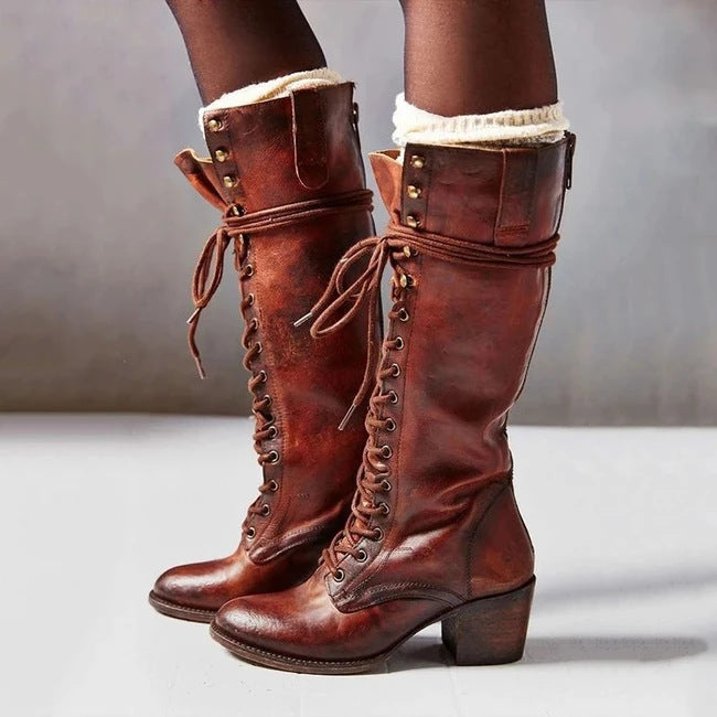 Black Knee High Boots for Women – Stylish Chunky Heel Lace-Up Long Boots in High-Quality PU Leather 4