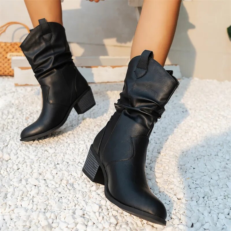 Black Leather Ankle Boots for Women – Stylish Western Design, Sizes 36 to 42 1