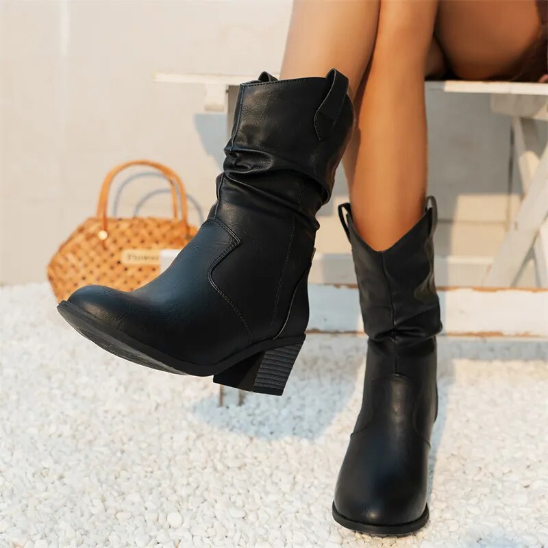 Black Leather Ankle Boots for Women – Stylish Western Design, Sizes 36 to 42 2