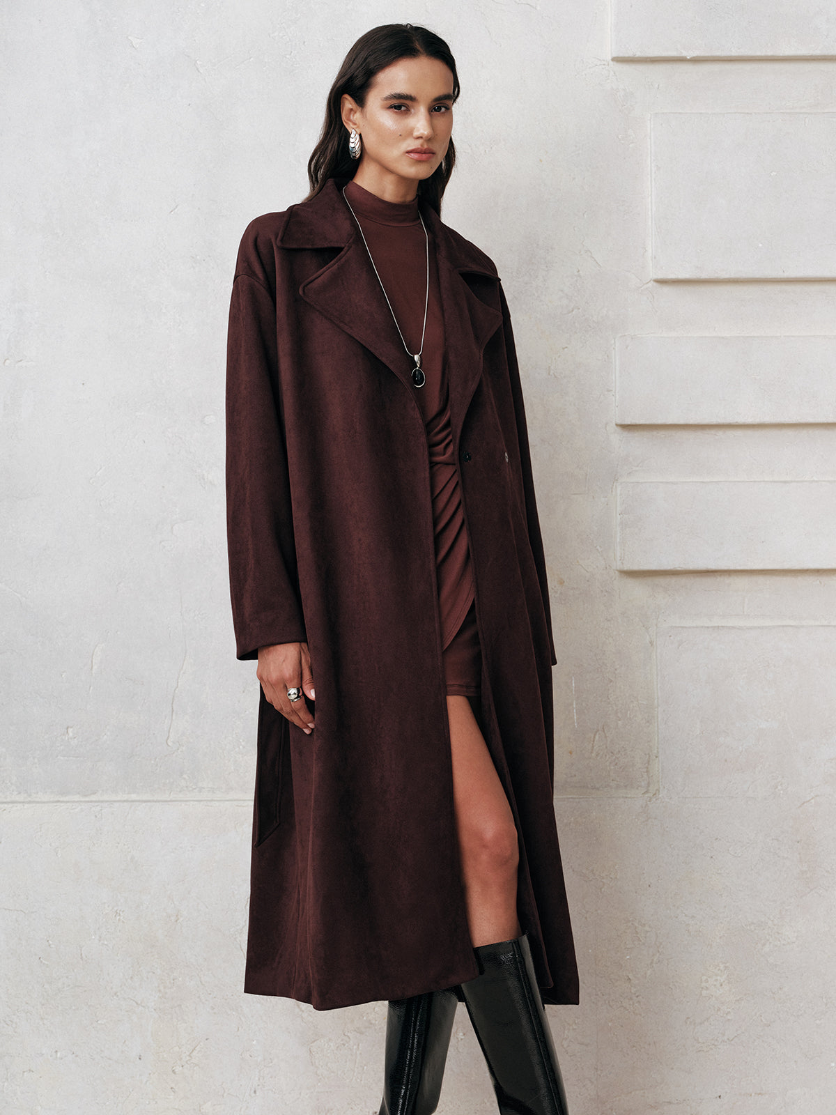 Cameron | Suede Belted Long Trench Coat 1