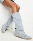 Casual Light Blue Denim Boots with Oversized Shaft – Pointed Toe Flat Heel Street Style Footwear 0