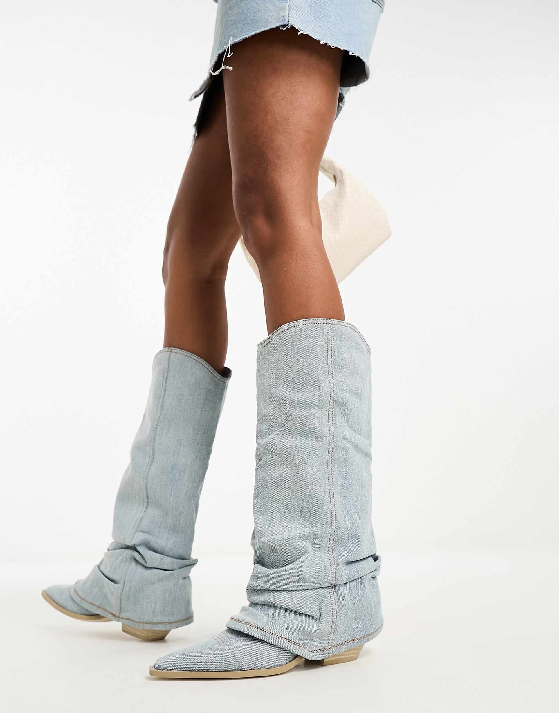 Casual Light Blue Denim Boots with Oversized Shaft – Pointed Toe Flat Heel Street Style Footwear 1