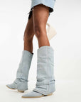 Casual Light Blue Denim Boots with Oversized Shaft – Pointed Toe Flat Heel Street Style Footwear 1