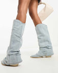 Casual Light Blue Denim Boots with Oversized Shaft – Pointed Toe Flat Heel Street Style Footwear 2