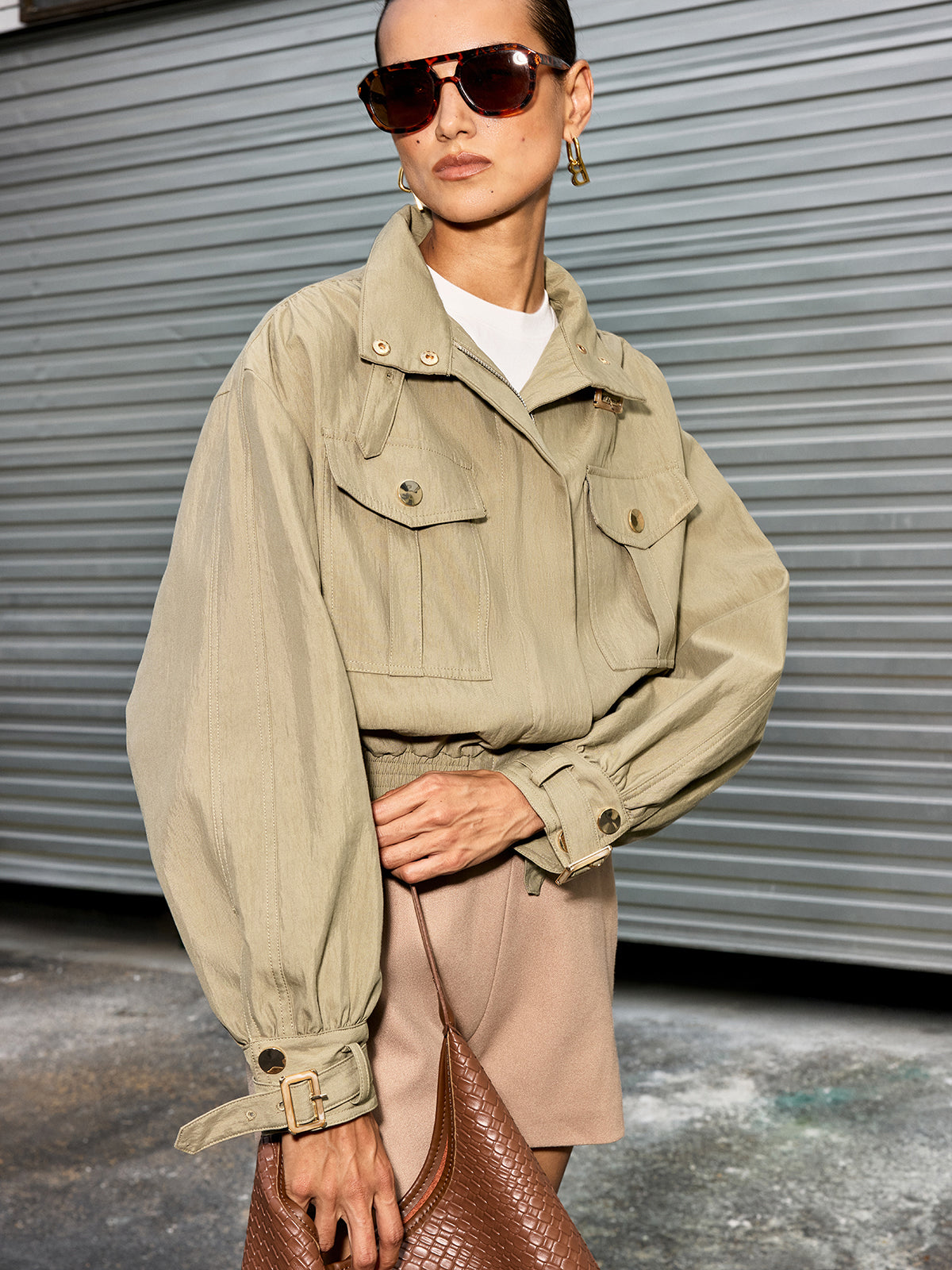 Celina | Belted Collar Cotton Blend Cropped Jacket 1