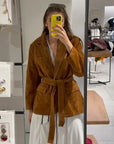 Chic Women's Suede Coat with Belt and Long Sleeves – Stylish Single-Breasted Jacket for Autumn 0