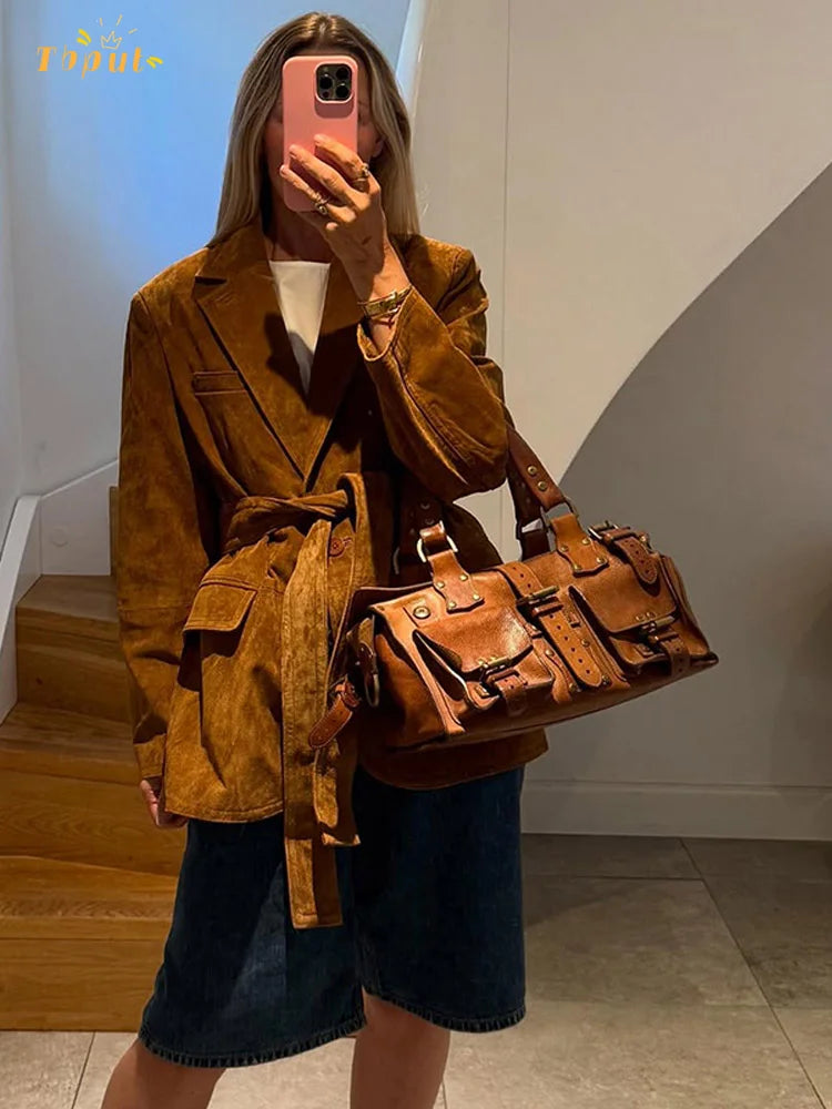 Chic Women's Suede Coat with Belt and Long Sleeves – Stylish Single-Breasted Jacket for Autumn 1