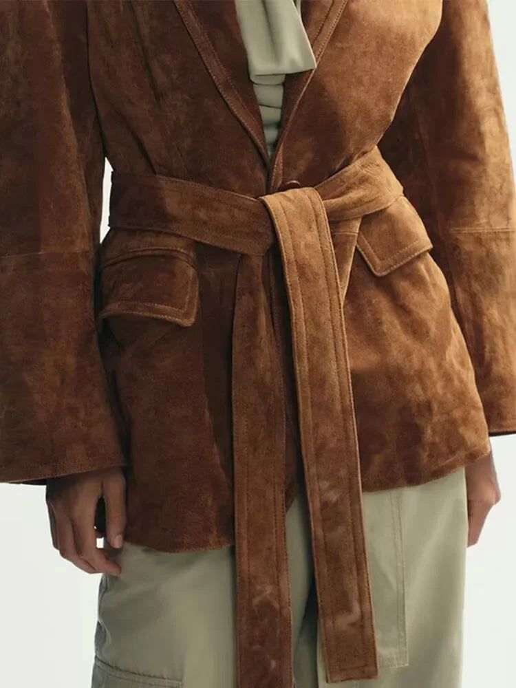 Chic Women's Suede Coat with Belt and Long Sleeves – Stylish Single-Breasted Jacket for Autumn 4