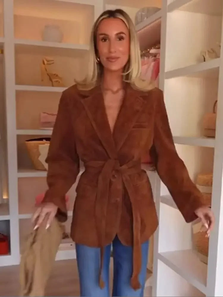 Chic Women's Suede Coat with Belt and Long Sleeves – Stylish Single-Breasted Jacket for Autumn 5