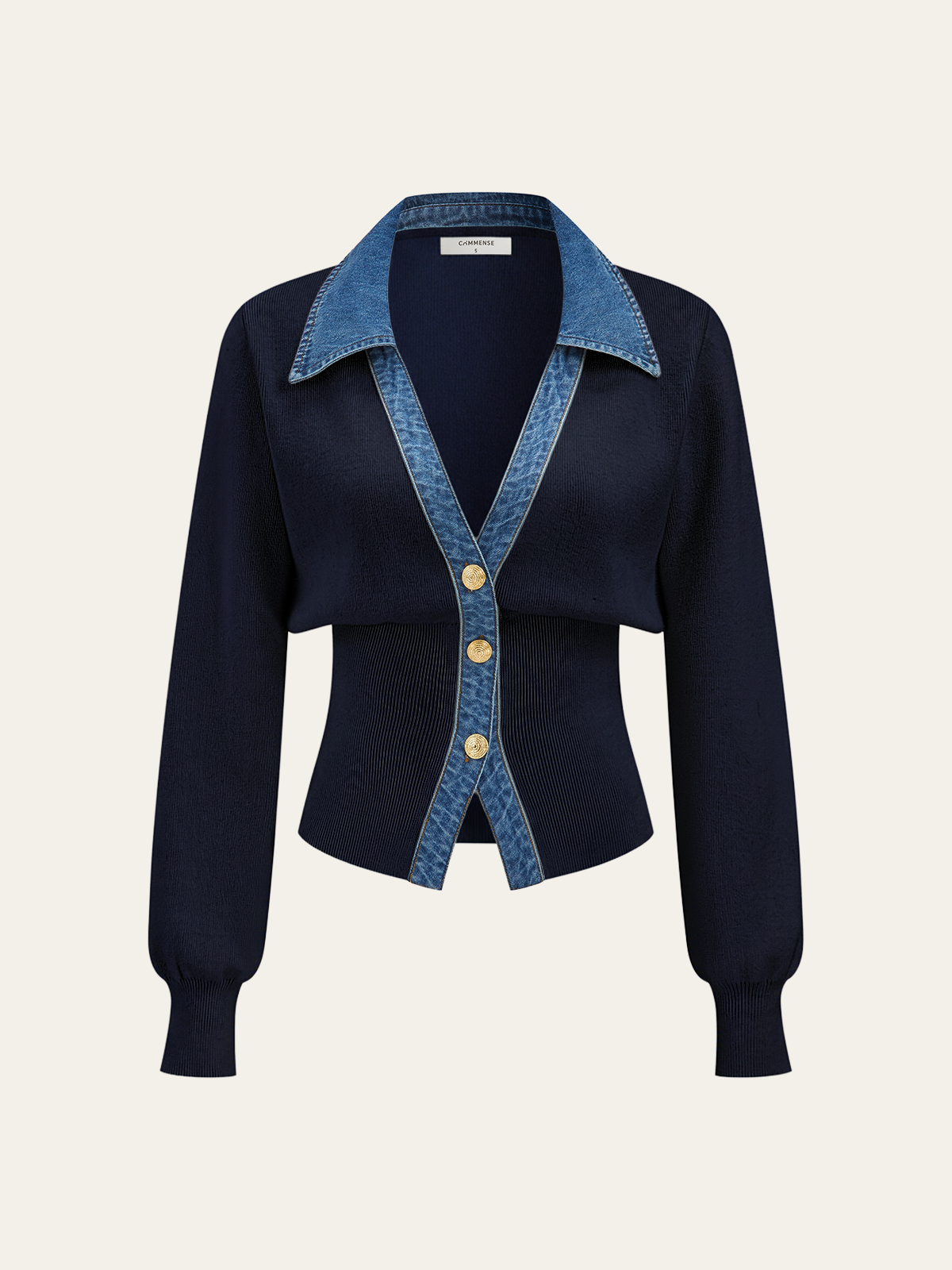Demi | Denim Collar Metal Button V-Neck Knit Top 4
