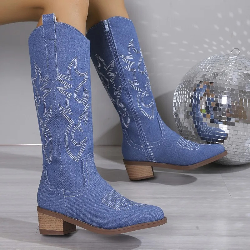 Denim Cowboy Boots for Women with Block Heel and Western Embroidery – Stylish Casual Footwear 2
