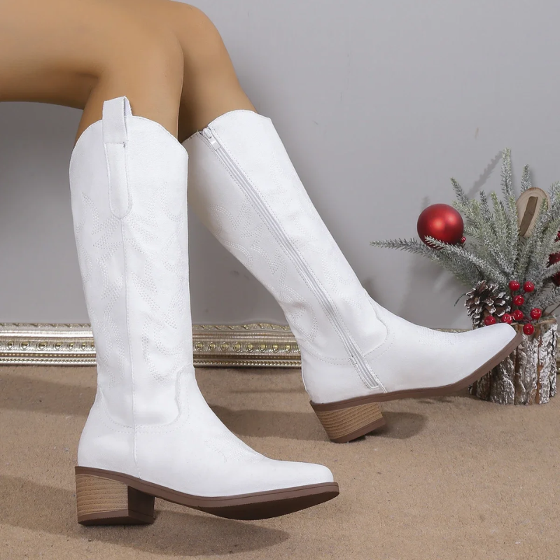 Denim Cowboy Boots for Women with Block Heel and Western Embroidery – Stylish Casual Footwear 5