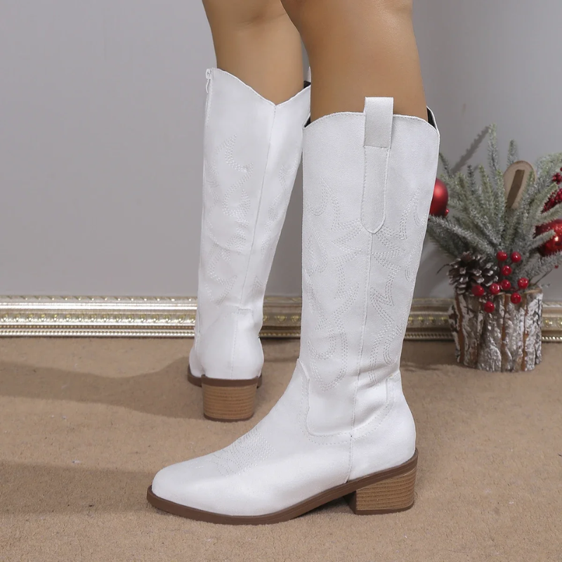 Denim Cowboy Boots for Women with Block Heel and Western Embroidery – Stylish Casual Footwear 6