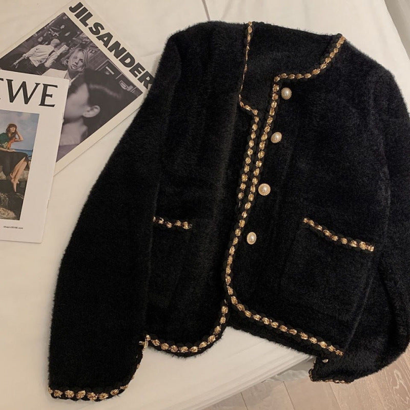 Elegant Mink Velvet Cardigan Jacket Womens with Flying Sleeves – Chic Urban Style in Beige and Black 0