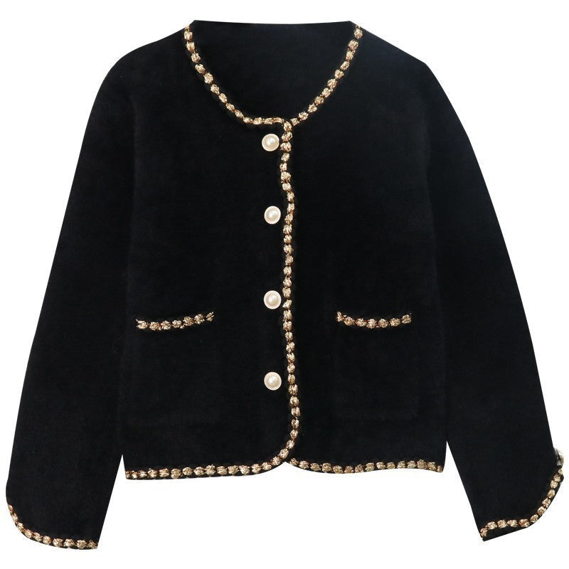 Elegant Mink Velvet Cardigan Jacket Womens with Flying Sleeves – Chic Urban Style in Beige and Black 1