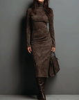 Elegant Suede Midi Dress with Long Sleeves & High Neck – Chic Autumn-Winter Style for Effortless Sophistication 0