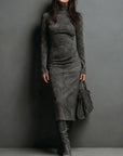 Elegant Suede Midi Dress with Long Sleeves & High Neck – Chic Autumn-Winter Style for Effortless Sophistication 1