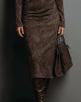 Elegant Suede Midi Dress with Long Sleeves & High Neck – Chic Autumn-Winter Style for Effortless Sophistication 4