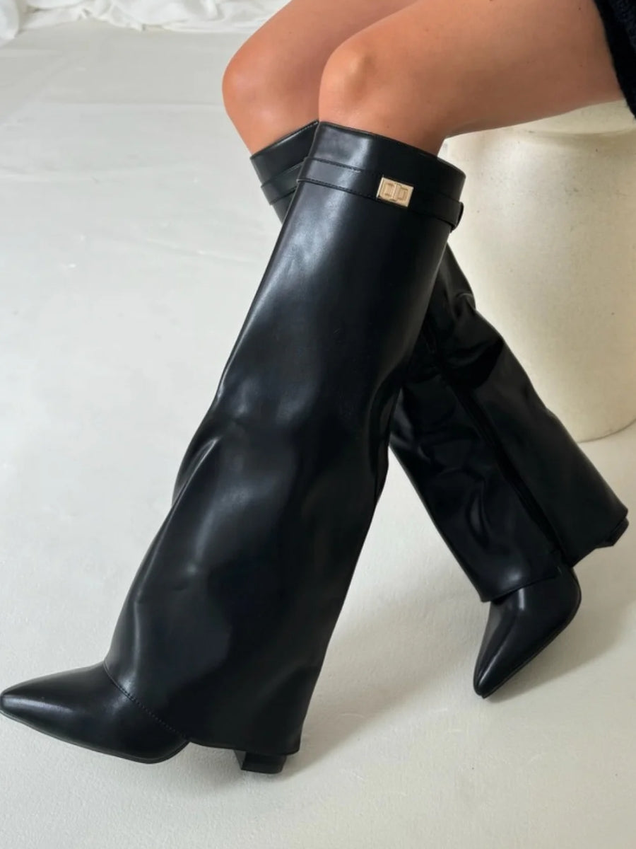 Elegant Women&#39;s Black Suede Knee High Boots with Gold Accents – Stylish and Comfortable Footwear 10