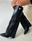 Elegant Women's Black Suede Knee High Boots with Gold Accents – Stylish and Comfortable Footwear 10