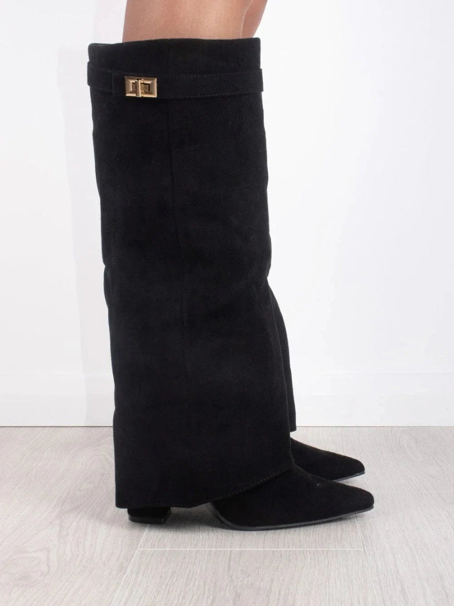 Elegant Women's Black Suede Knee High Boots with Gold Accents – Stylish and Comfortable Footwear 2