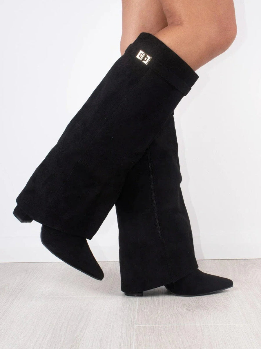 Elegant Women's Black Suede Knee High Boots with Gold Accents – Stylish and Comfortable Footwear 3